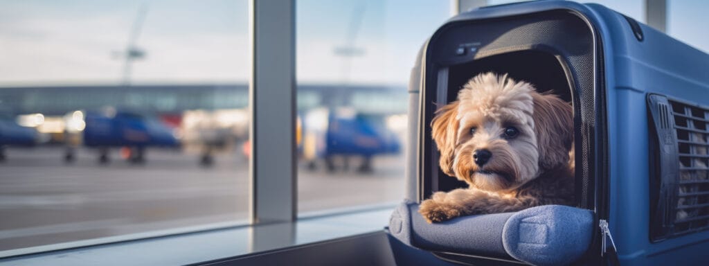 Perro sentado en una bolsa de mano en el aeropuerto