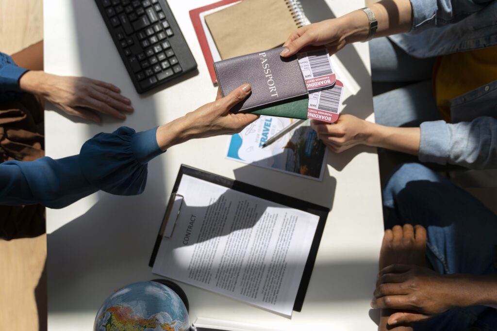 Top view hands holding travel documents