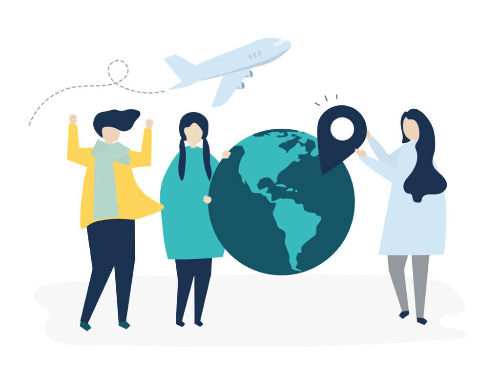 66244 Ilustração de três pessoas com globo terrestre avião e marcador de localização