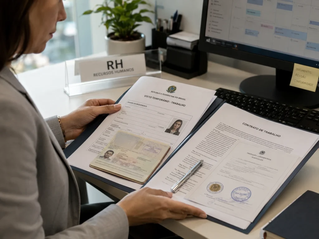 Chatgpt image May 22, 2026 16 13 56 Immigration in Brazil: HR professional reviews work visa documentation for foreigners
