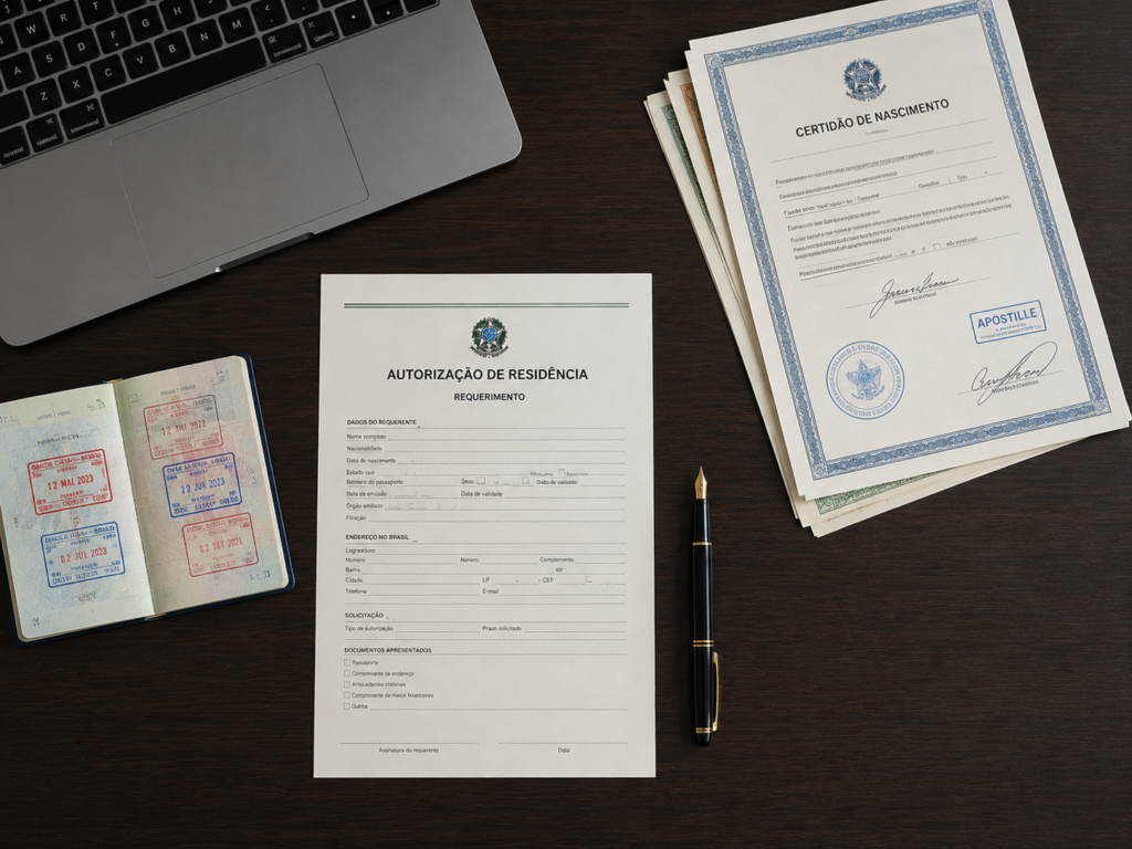 Solicitud de permiso de residencia: documentos necesarios Solicitud de permiso de residencia, pasaporte con sellos y certificado apostillado sobre la mesa