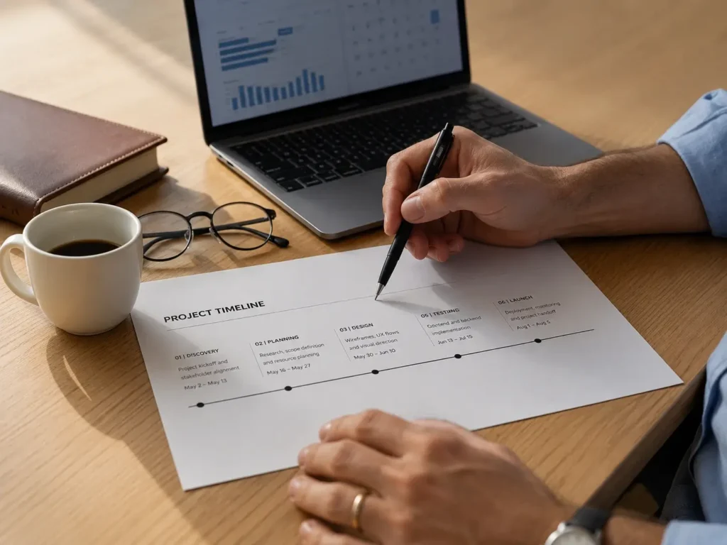 Corporate relocation timetable Consultant reviewing transfer schedule in national relocation consultancy
