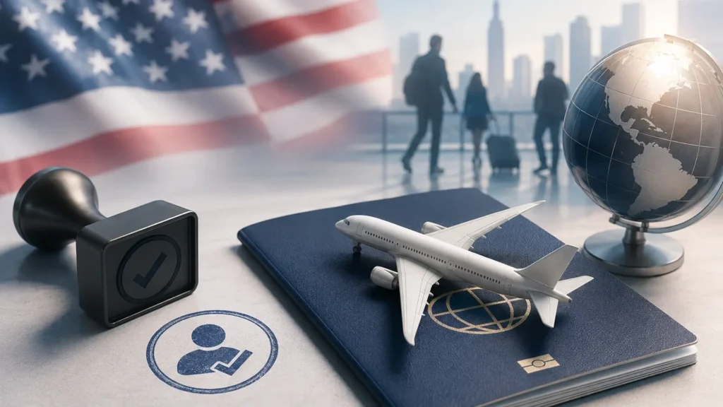 b1 b2 visa difference usa brazilians target relocation Passport and plane with the US flag in the background representing the b1 b2 visa for Brazilians