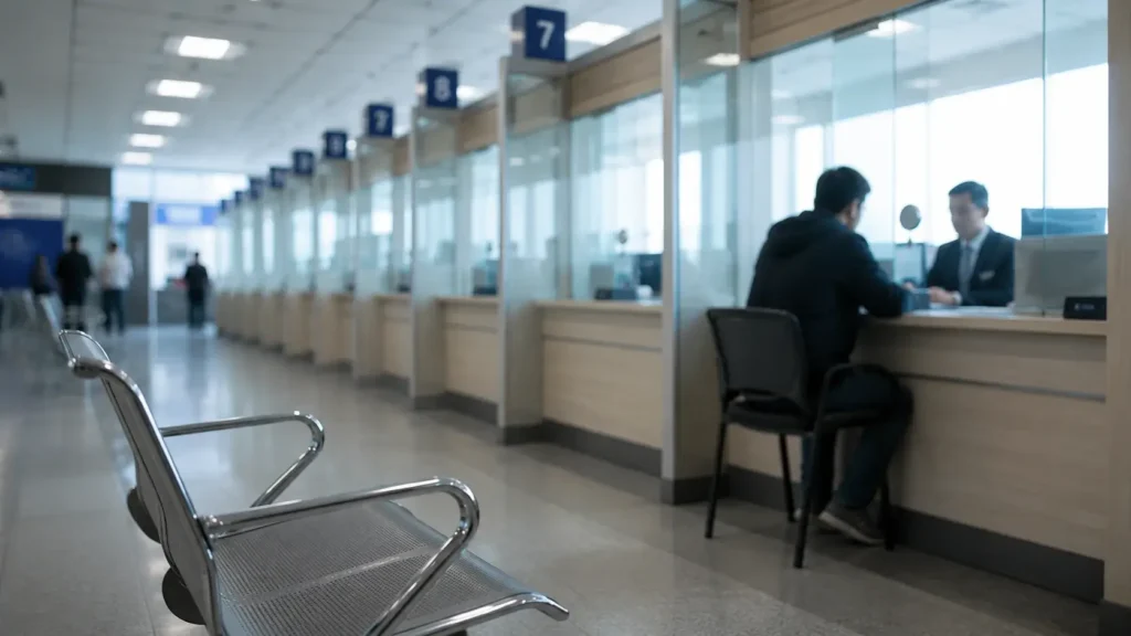 American visa consular interview b1 b2 sao paulo American consulate service room with numbered counters for consular interviews for b1 b2 visas