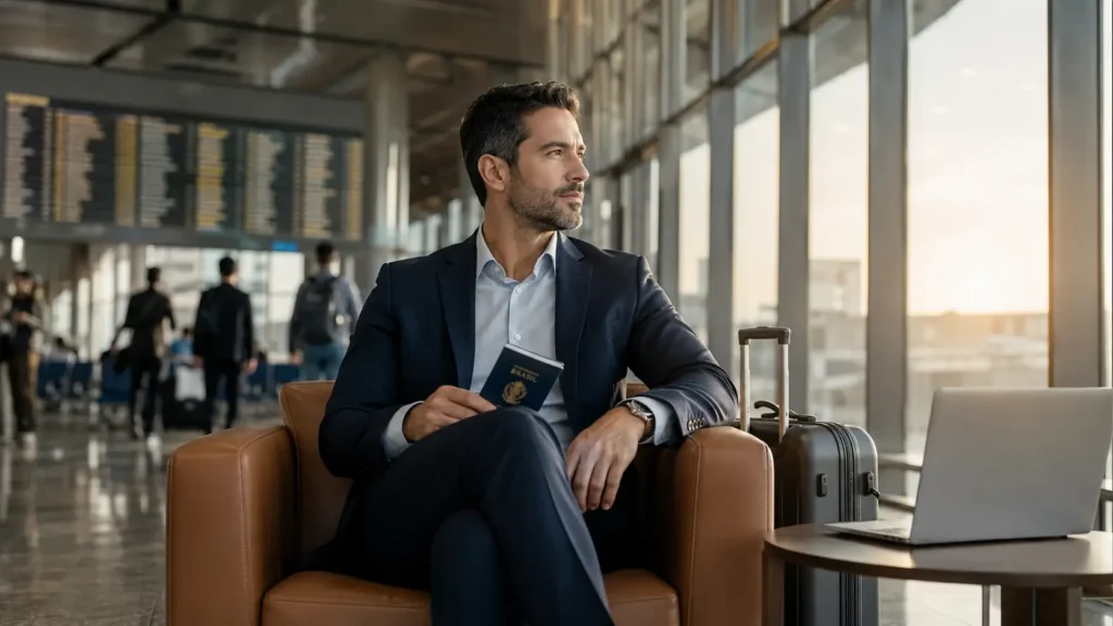 executive brazilian travel usa visa b1 b2 Brazilian executive in airport lounge holding passport for corporate trip to the united states on b1 b2 visa