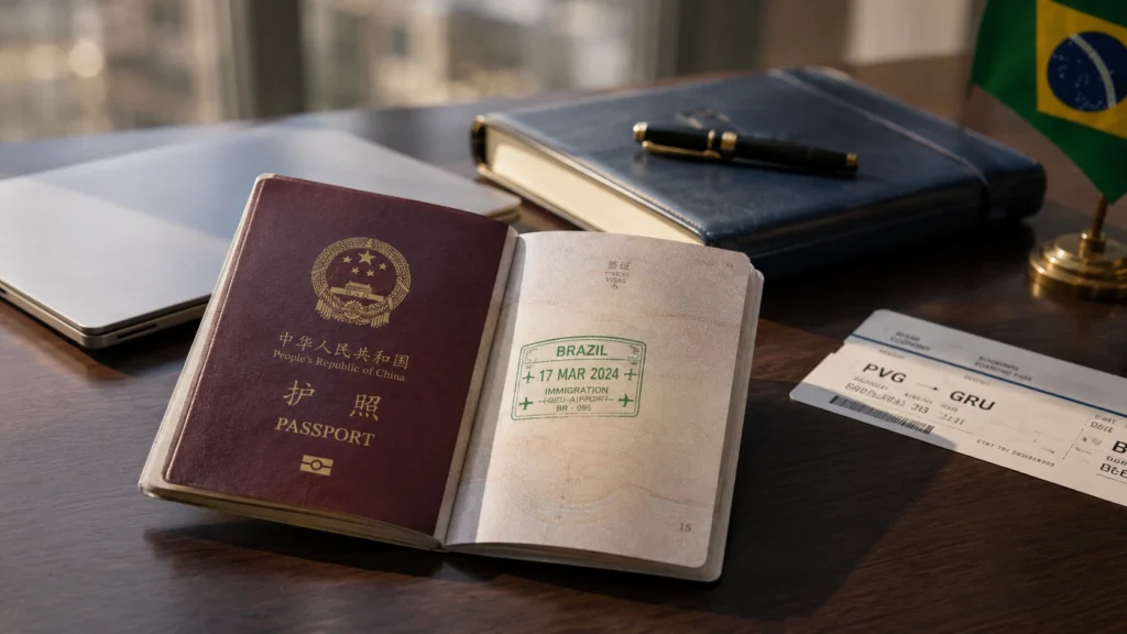 Passaporte chines carimbo entrada brasil isencao visto Passaporte chinês com carimbo de entrada no brasil, ilustrando a isenção de visto para chineses no brasil em 2026