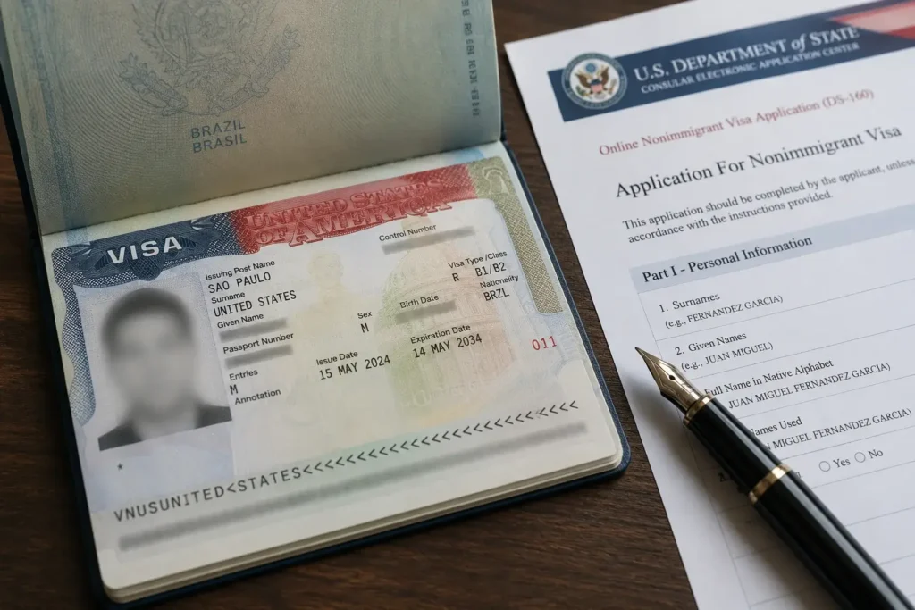 American visa b1 b2 Brazilian passport ds 160 American visa b1 b2 stamped in Brazilian passport next to form ds-160 from the US Department of State