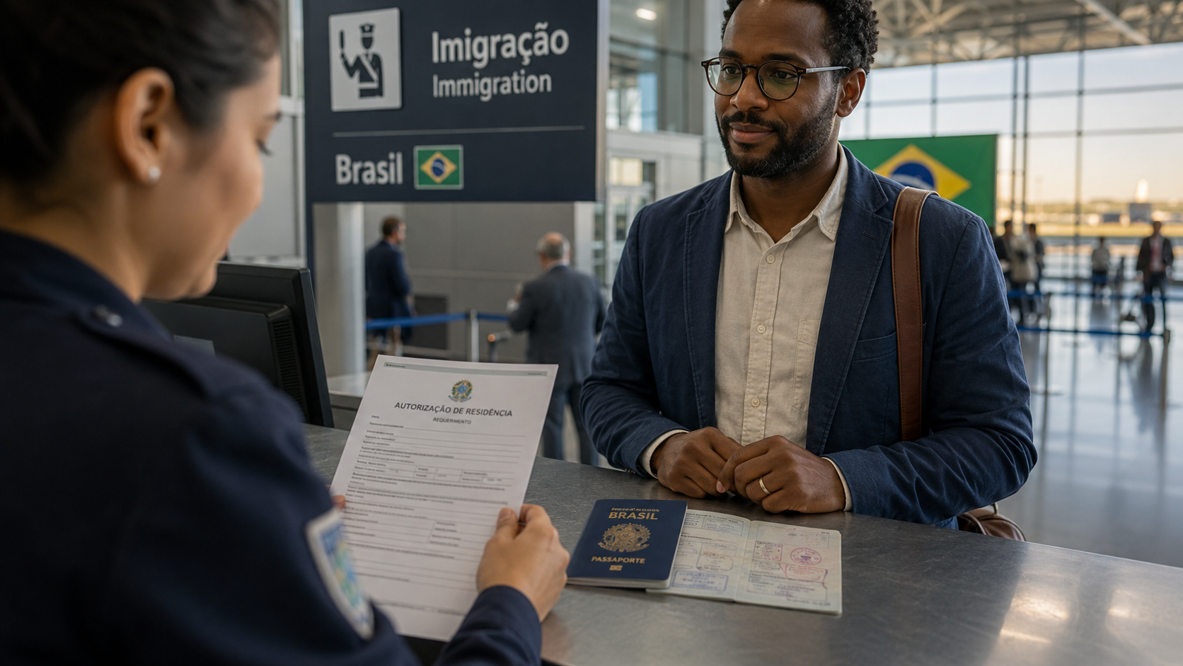 Un extranjero presenta los documentos en la ventanilla de inmigración de Brasil para solicitar un permiso de residencia por motivos laborales. ¿Visado de trabajo o permiso de residencia?