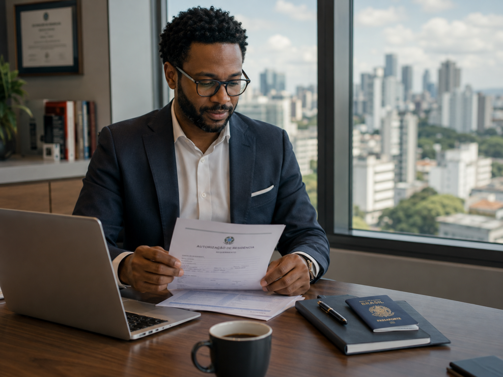 Visado de trabajo para profesionales extranjeros en Brasil Un profesional extranjero revisa una solicitud de permiso de residencia en una oficina de Brasil