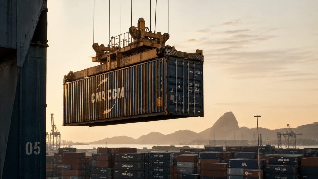 Chatgpt image 21 de jun. De 2026 15 58 28 Container de frete internacional embarcado no porto de santos para mudança residencial