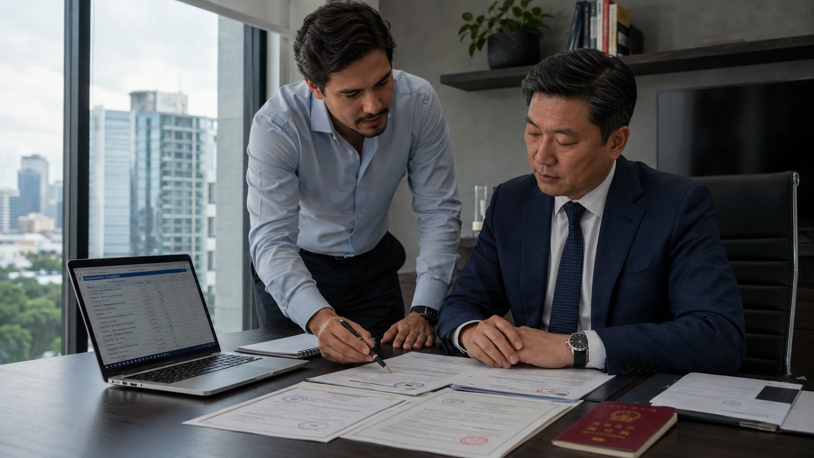 Consultor de target relocation orientando executivo estrangeiro com documentos sobre a mesa