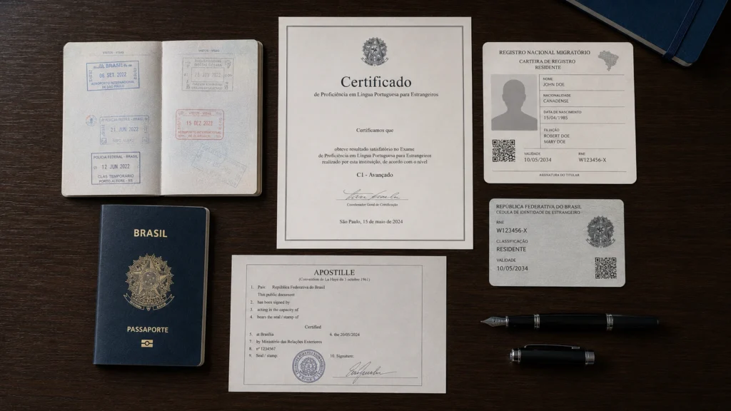Celpe bras for naturalization passport certificate Celpe-Bras certificate for naturalization and Brazilian passport on office desk