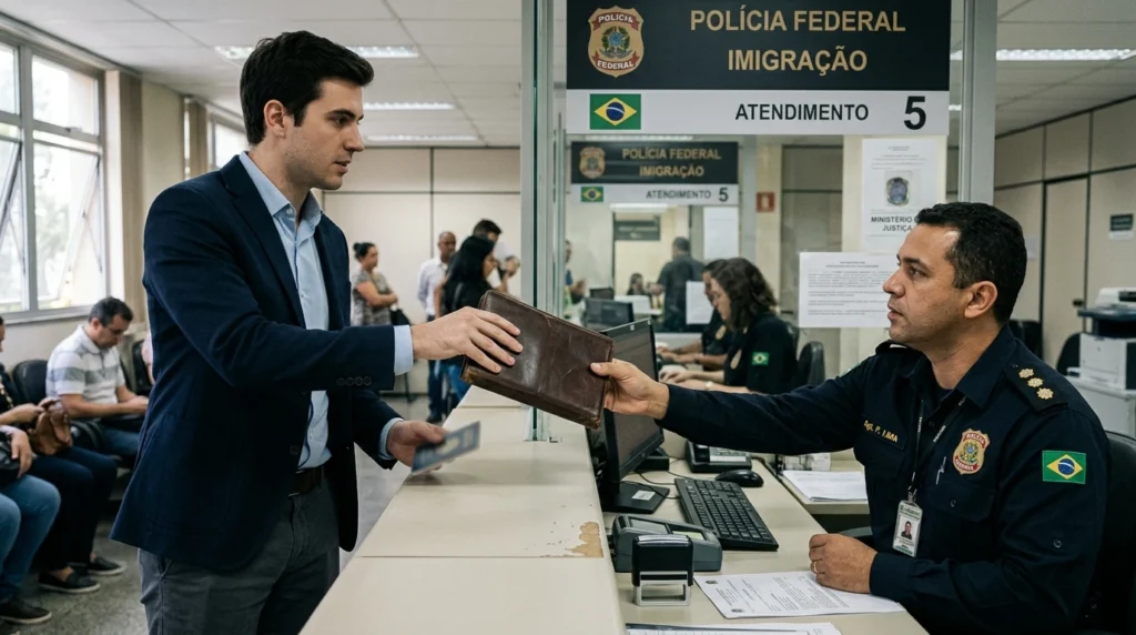 Applicant handing folder to officer 202607021903 Estrangeiro protocola pedido de residência por união estável na polícia federal