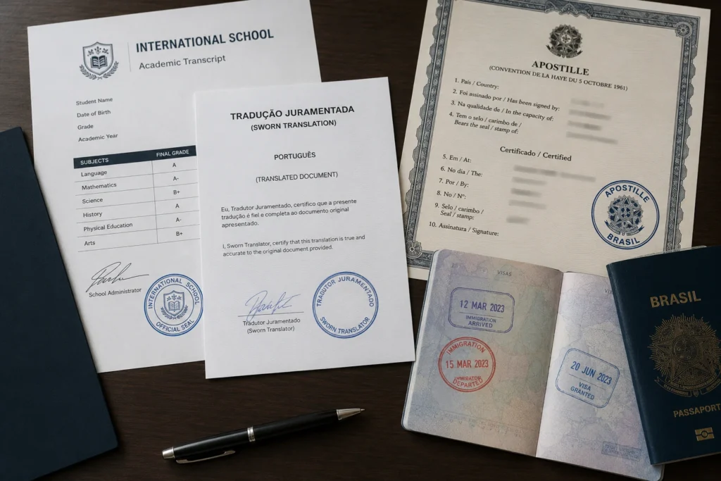 ChatGPT image July 10, 2026 16 35 49 Foreign school documents with an Apostille and translation for enrollment in Brazil
