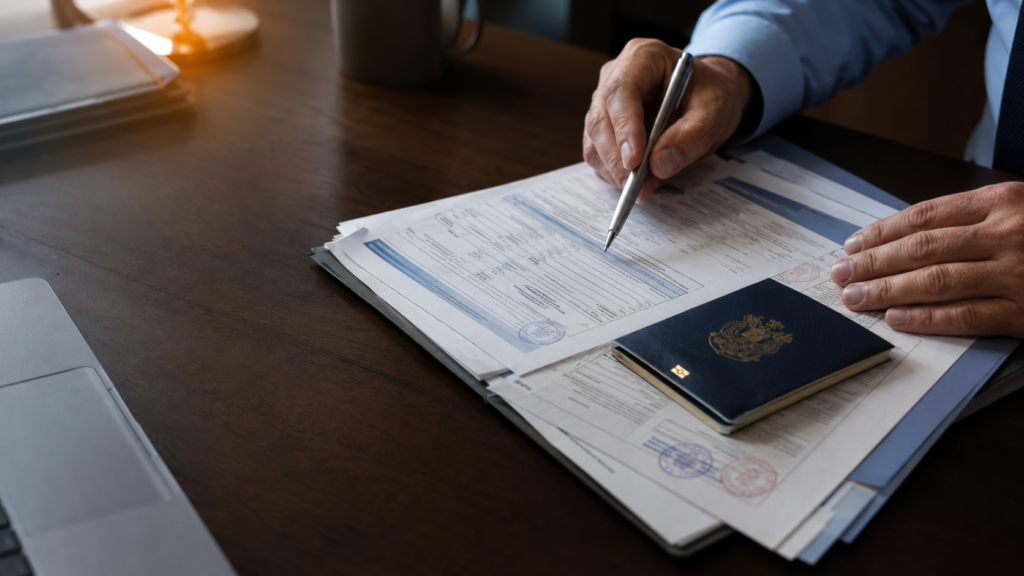 ChatGPT image July 17, 2026 18:12:00 Relocation consultant reviewing customs documents for the expatriate's move