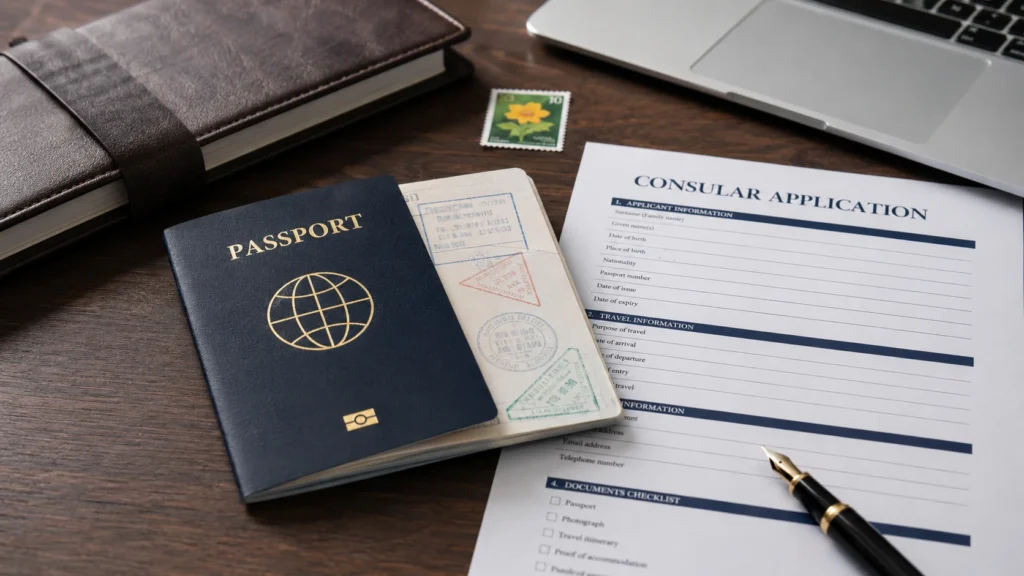 ChatGPT image July 8, 2026 10 26 20 Documents for work visas for foreigners on a corporate office desk