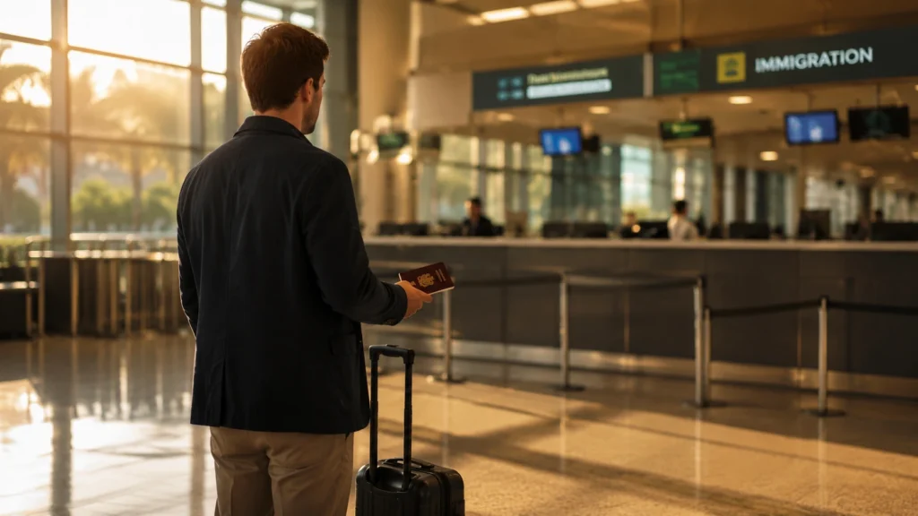 ChatGPT image July 8, 2026 10 26 27 Arrival of a professional with a work visa for foreign nationals at a Brazilian airport