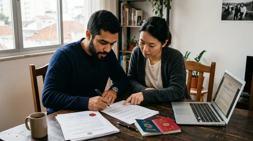 Multicultural couple reviewing documents related to their common-law marriage to apply for residency in Brazil