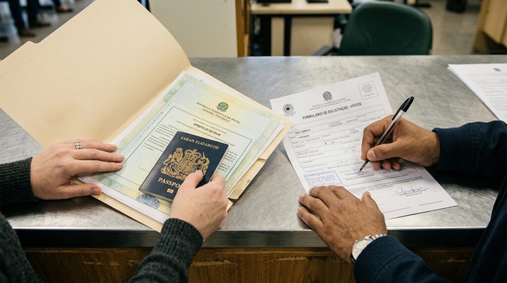 Couple signing brazilian form 202607141816 Casal estrangeiro protocolando pedido de residência por reunião familiar na polícia federal