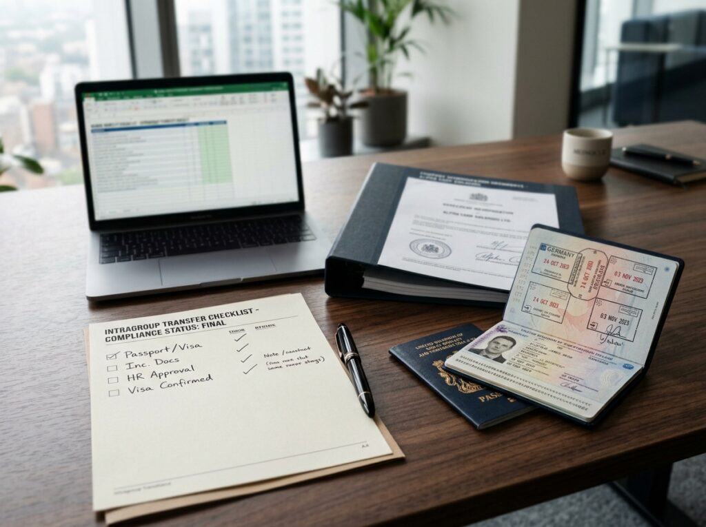 Desk with incorporation document… 202607231829 Work Visa Documentation for Foreign Nationals on International Assignment