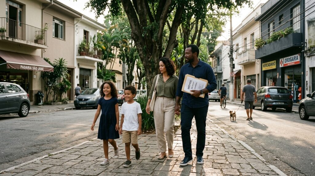 Family walking on a residential street… 202607141823 Expat family evaluating a neighborhood and commuting options in a Brazilian city