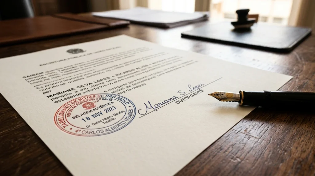 Public deed on notary desk 202607021905 Escritura de união estável usada por estrangeiros para residência no brasil