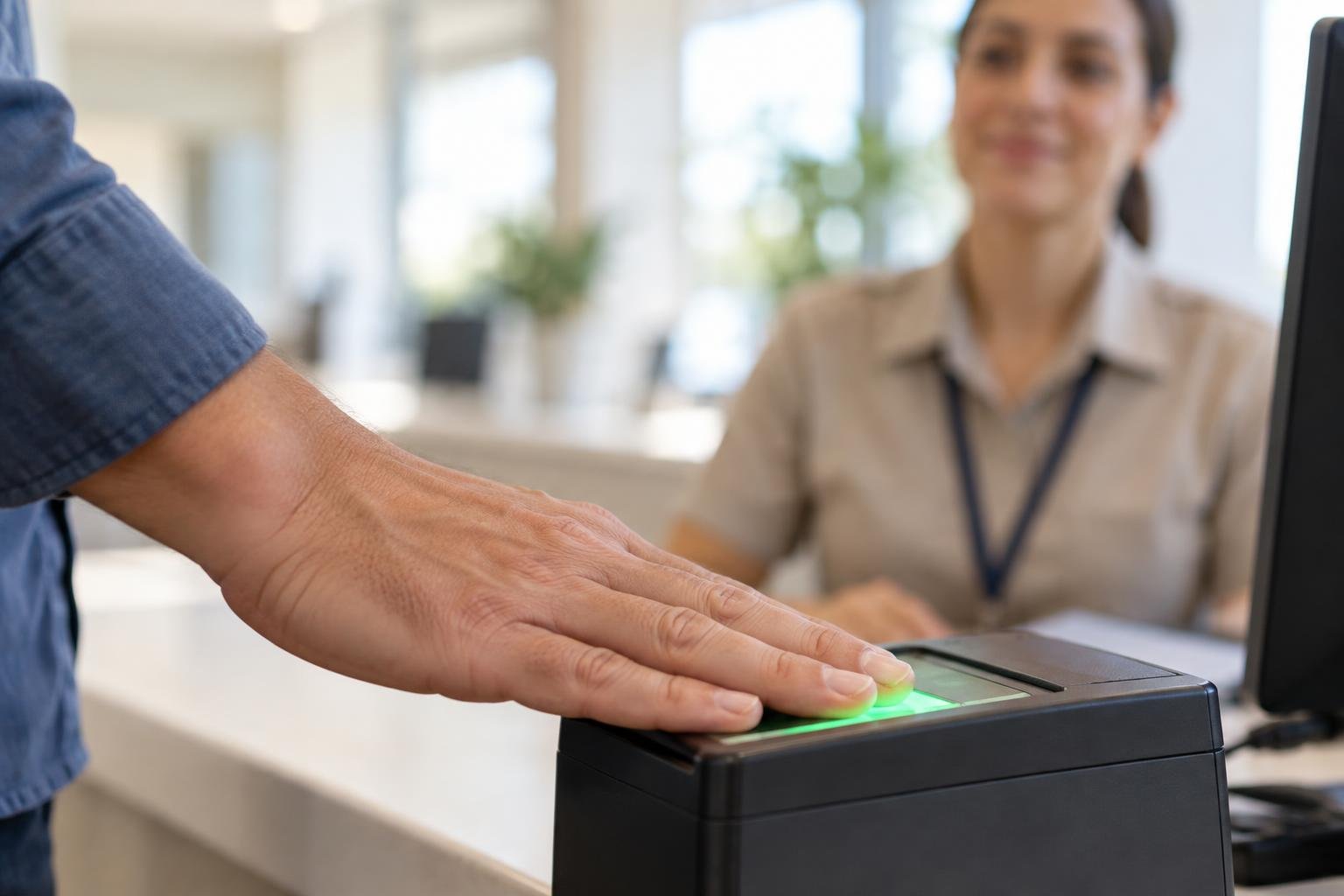 Casv eua visto img1 Mão de solicitante apoiada em leitor de impressões digitais durante a coleta de biometria