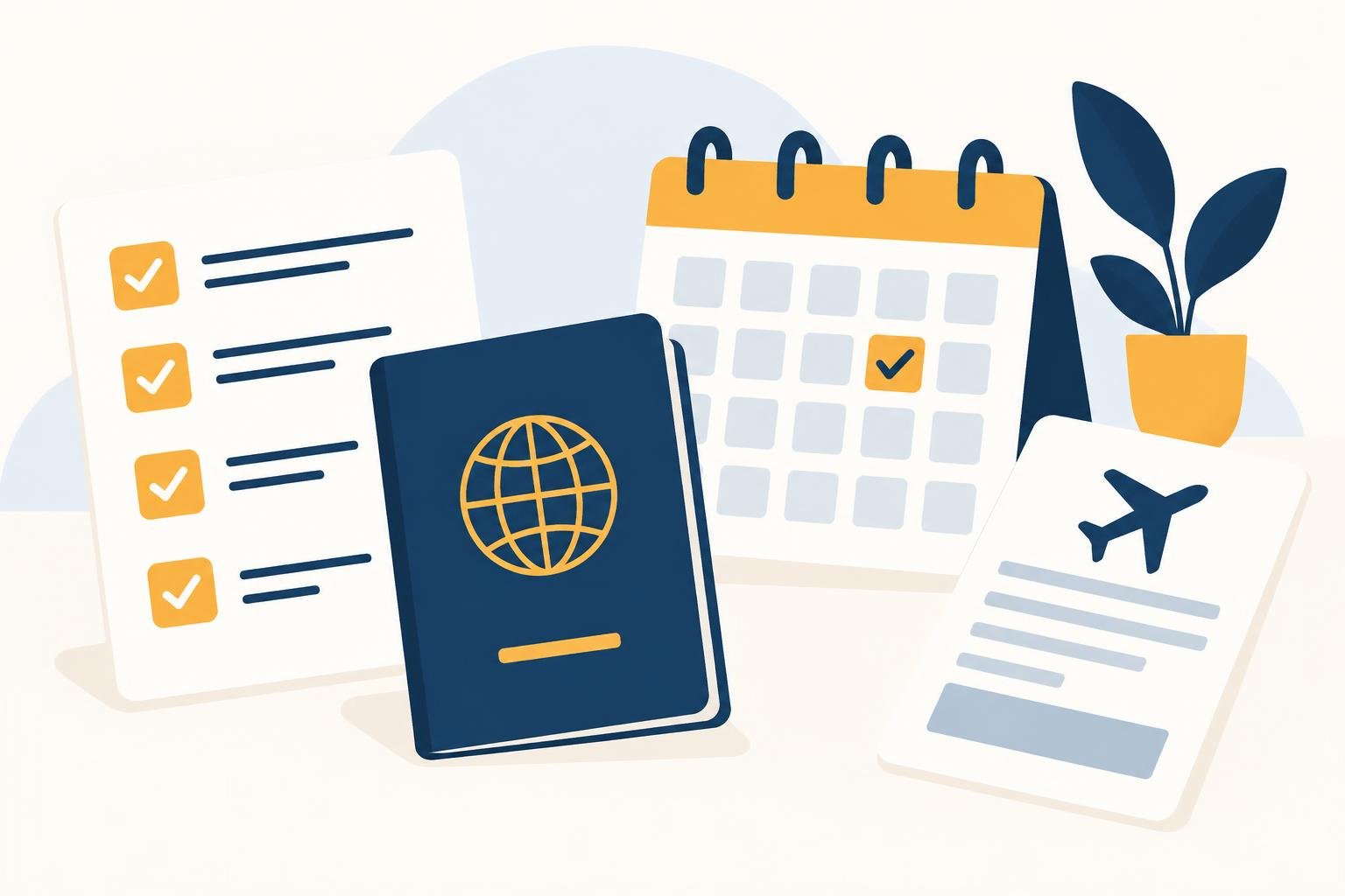 Casv eua visto img3 Ilustração de passaporte, calendário e folha de confirmação ao lado de uma lista de verificação