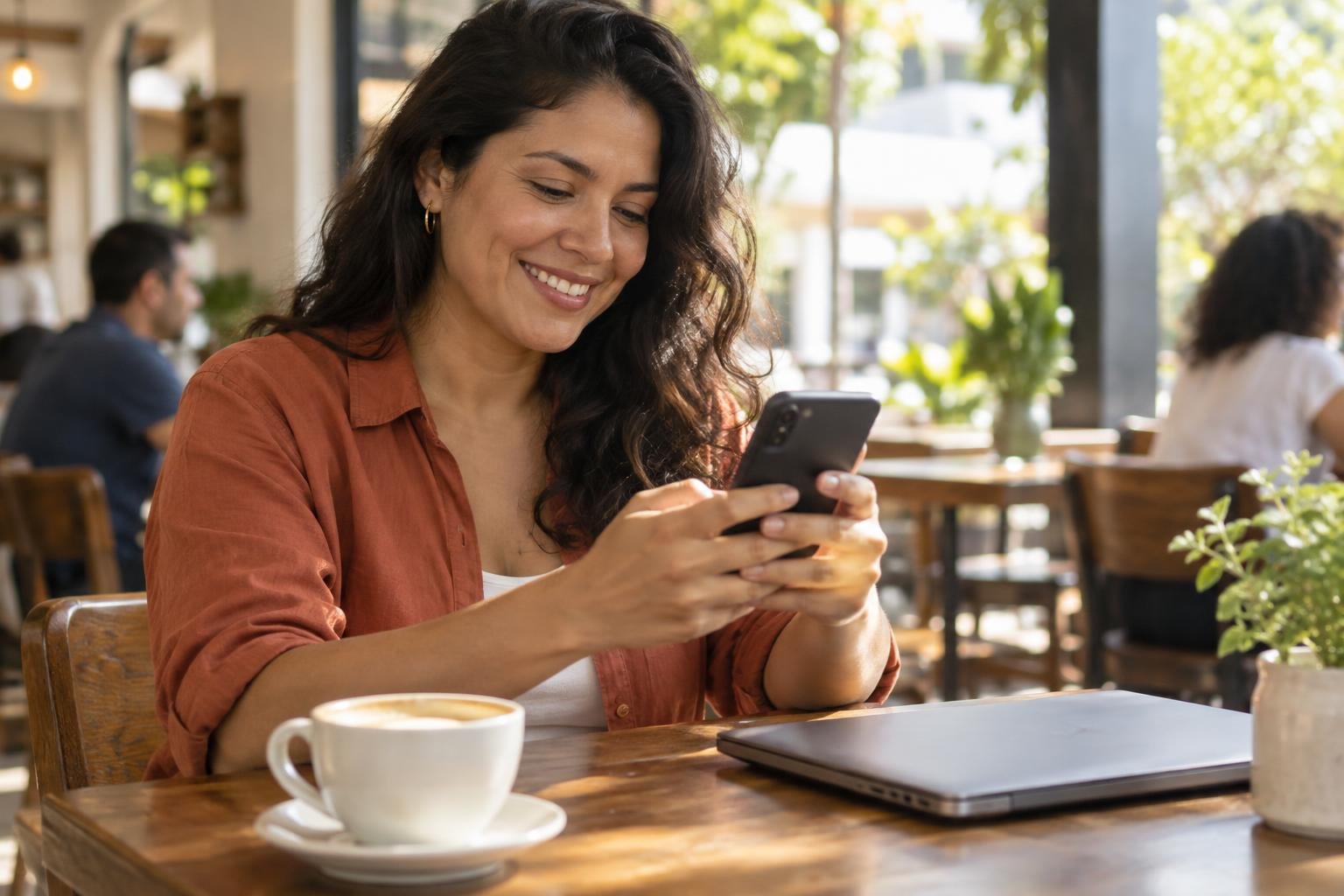 A foreign professional checks her CTPS for foreigners on her cell phone in a brightly lit café
