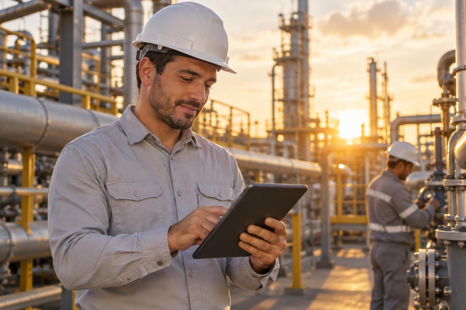 Expatriado na venezuela rh destaque Engenheiro brasileiro preparando-se como expatriado na venezuela, em área industrial, com tablet na mão