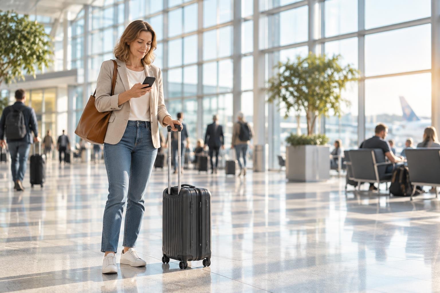 Expatriado na venezuela rh img1 Profissional com mala de mão confere o celular em saguão de aeroporto antes de embarcar