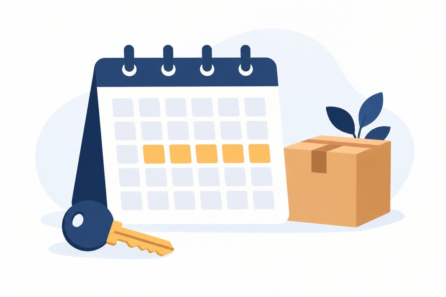 Multa rescisoria aluguel transferencia img3 Ilustração de calendário destacado, chave e caixa de mudança, representando o aviso ao locador