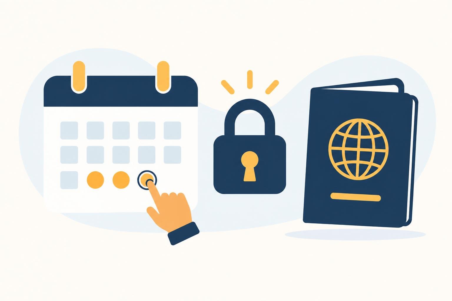 Reagendamento visto americano img1 Ilustração de calendário com três marcações preenchidas, cadeado fechado e passaporte, representando o limite de reagendamentos