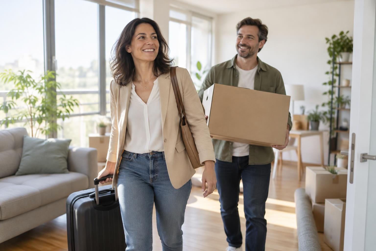 Executivo estrangeiro e esposa chegando ao novo apartamento no início do relocation executivo internacional