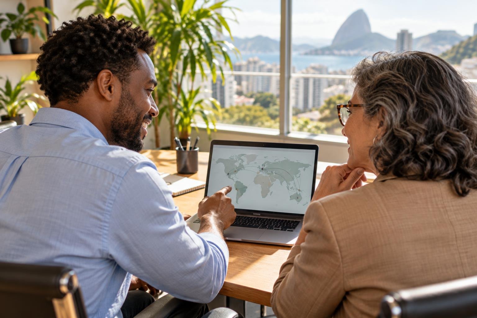 Relocation executivo internacional img1 Dois profissionais de rh analisando um plano de mobilidade internacional em um laptop no escritório