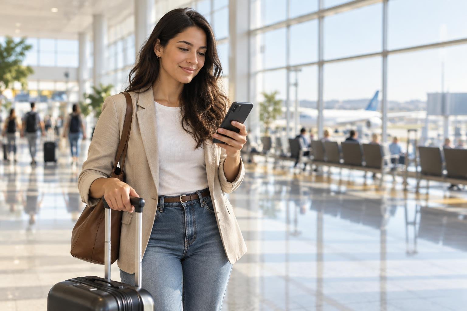 Profissional no aeroporto com celular e mala, a caminho de trabalhar com o visto TR-L