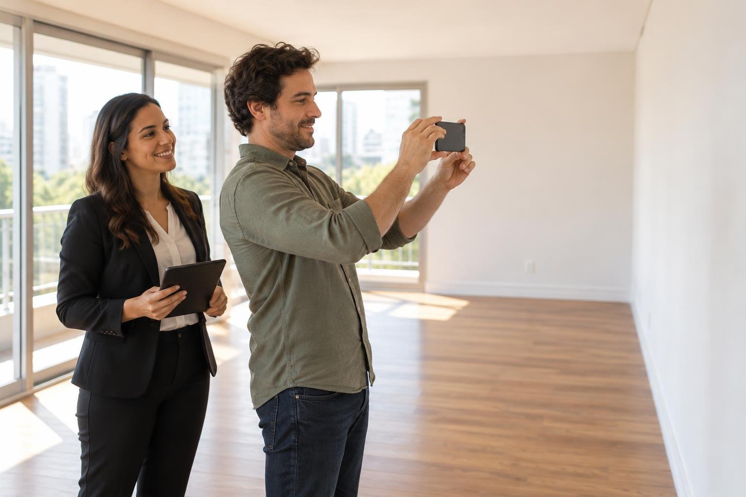 Vistoria de saida aluguel destaque Inquilino estrangeiro fotografa sala vazia com o celular durante a vistoria de saída do apartamento
